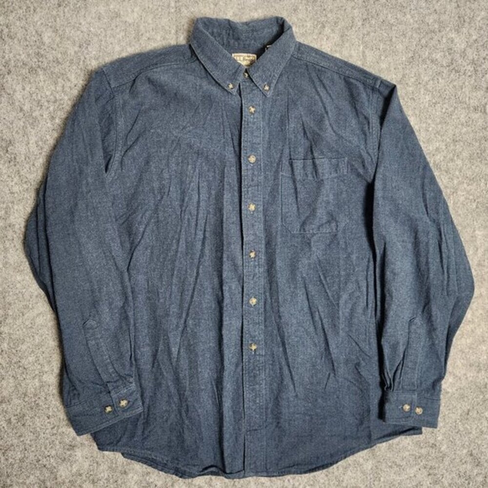 LL Bean Herringbone Flannel Men L Regular Button Down Shirt Blue 0 WU88 VTG